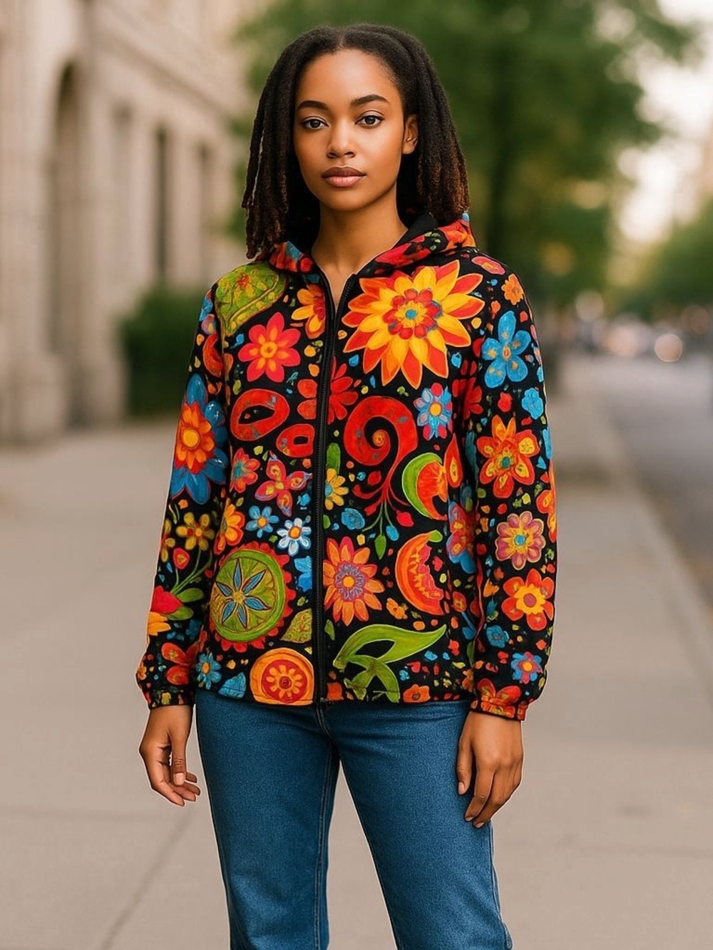 Vibrant Floral Zip-Up Hoodie in Black